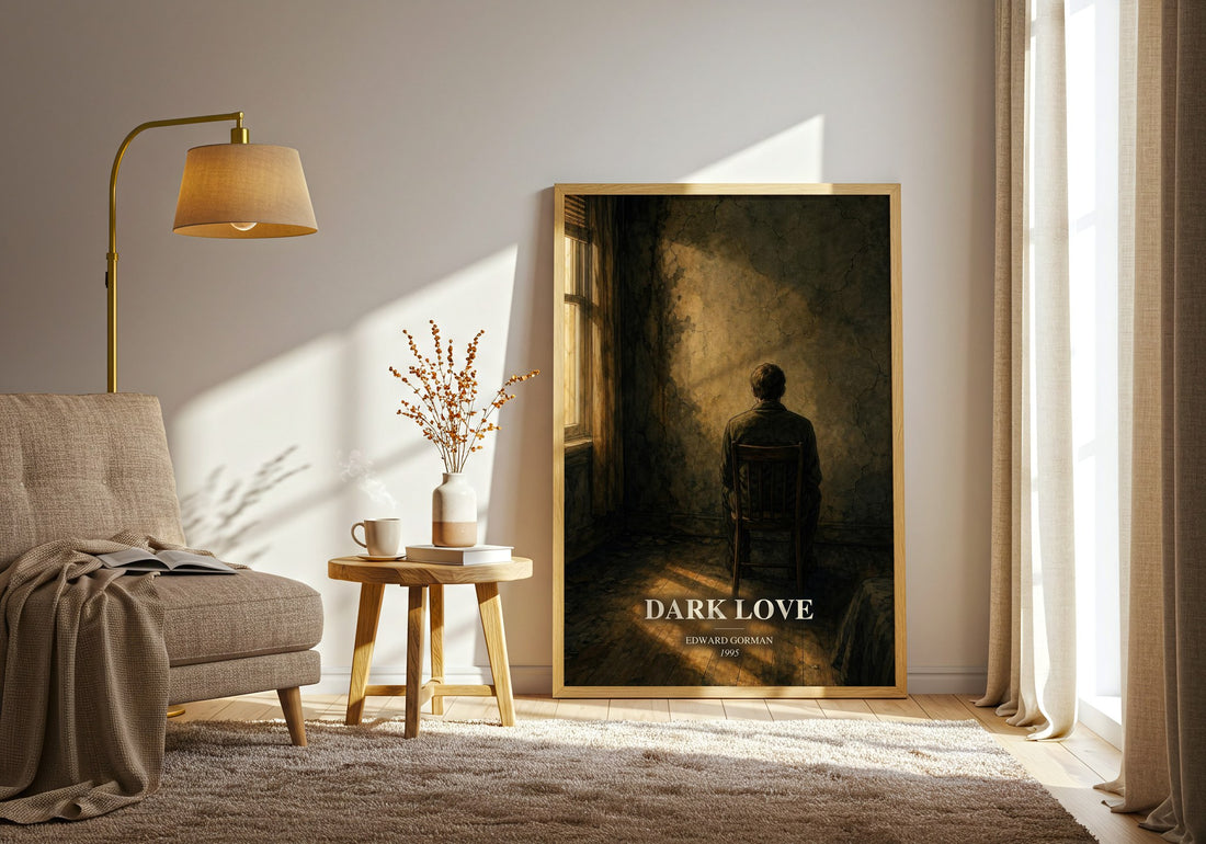 Dark Love watercolour print in frame leaning in hallway – horror wall art
