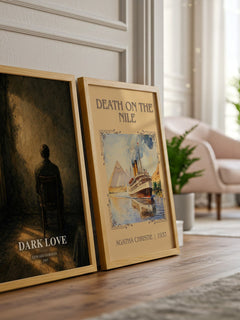 Dark Love watercolour print framed by window – literary home decor