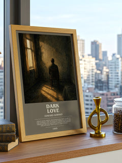 Dark Love bookish print framed by window – literary home decor