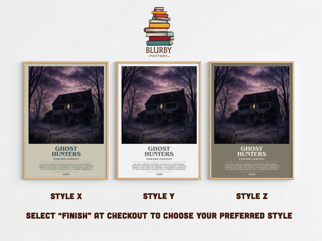 Ghost hunters bookish print in frame leaning in hallway – horror wall art (mockup)