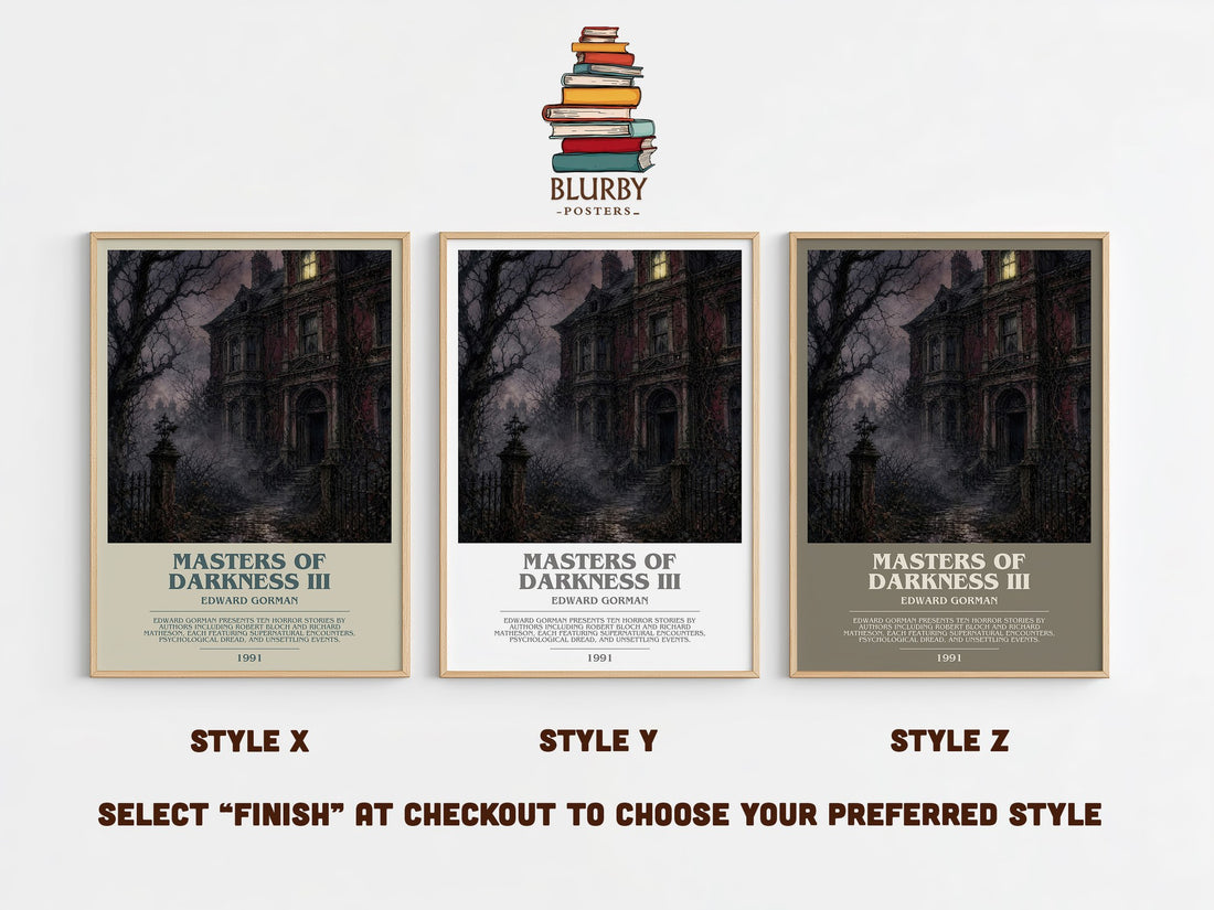 Masters of Darkness III bookish print in frame leaning in hallway – horror wall art (mockup)