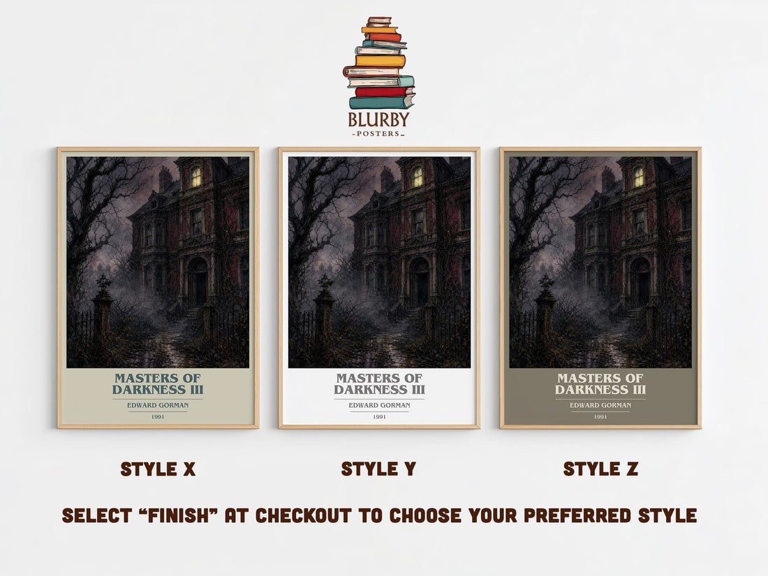 Masters of Darkness III book cover print in frame leaning in hallway – horror wall art (mockup)