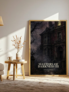 Masters of Darkness III watercolour print in frame leaning in hallway – horror wall art