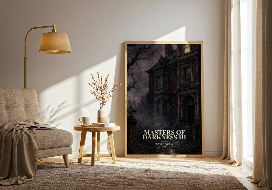 Masters of Darkness III watercolour print in frame leaning in hallway – horror wall art