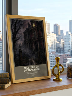 Masters of Darkness III book cover print framed by window – literary home decor