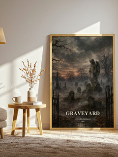 Graveyard watercolour print in frame leaning in hallway – crime wall art