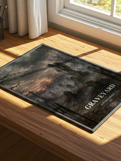 Graveyard watercolour book poster framed on wall – crime wall art