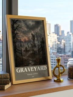 Graveyard Book Cover Poster by Edward Gorman – framed print on a city-view windowsill