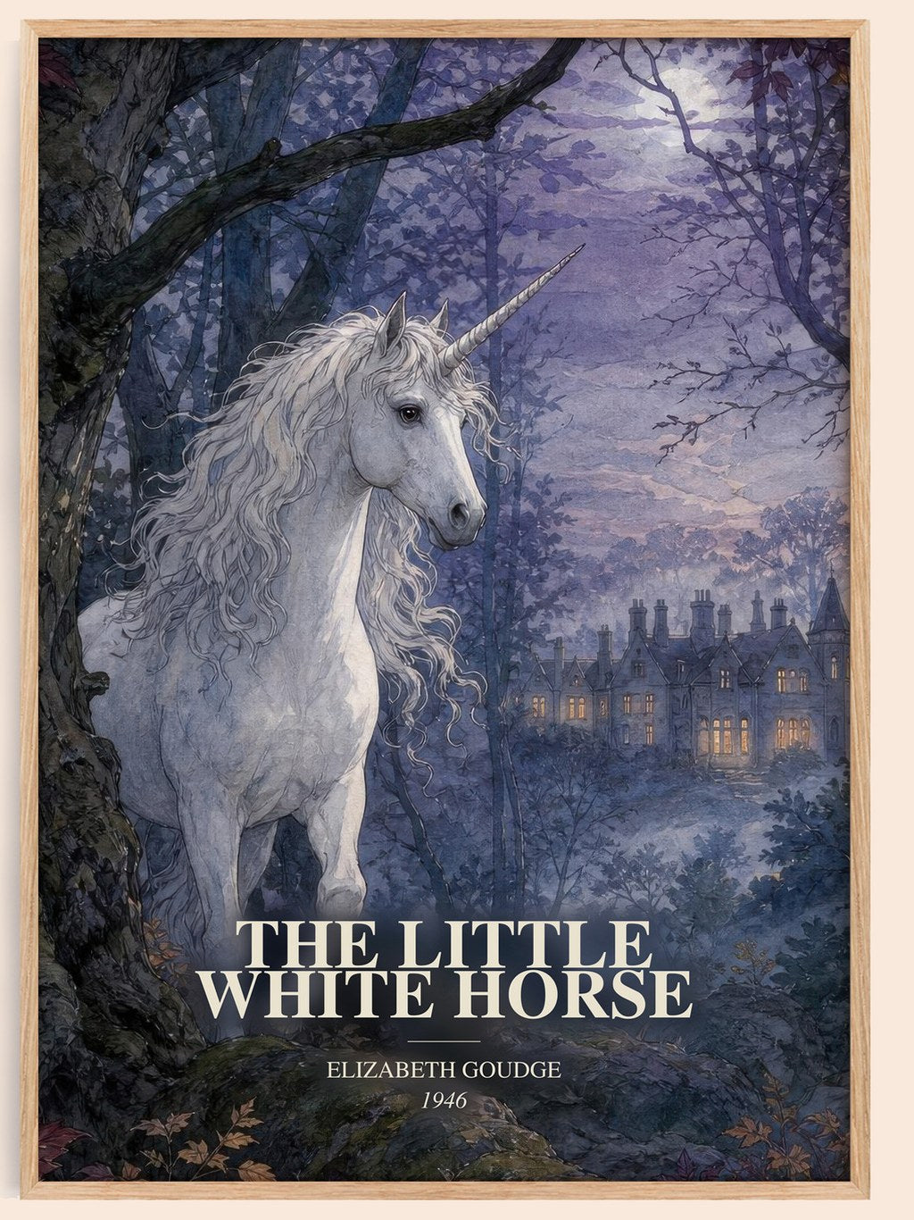 The Little White Horse watercolour book poster by Elizabeth Goudge – framed literary art print