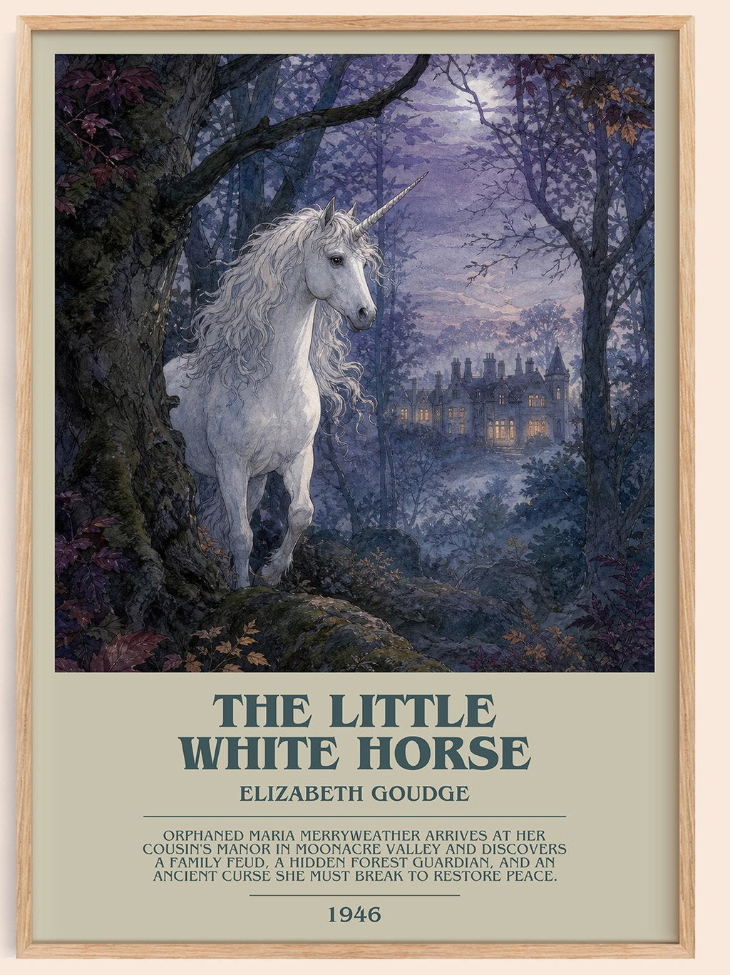 The Little White Horse bookish book poster by Elizabeth Goudge – framed literary art print