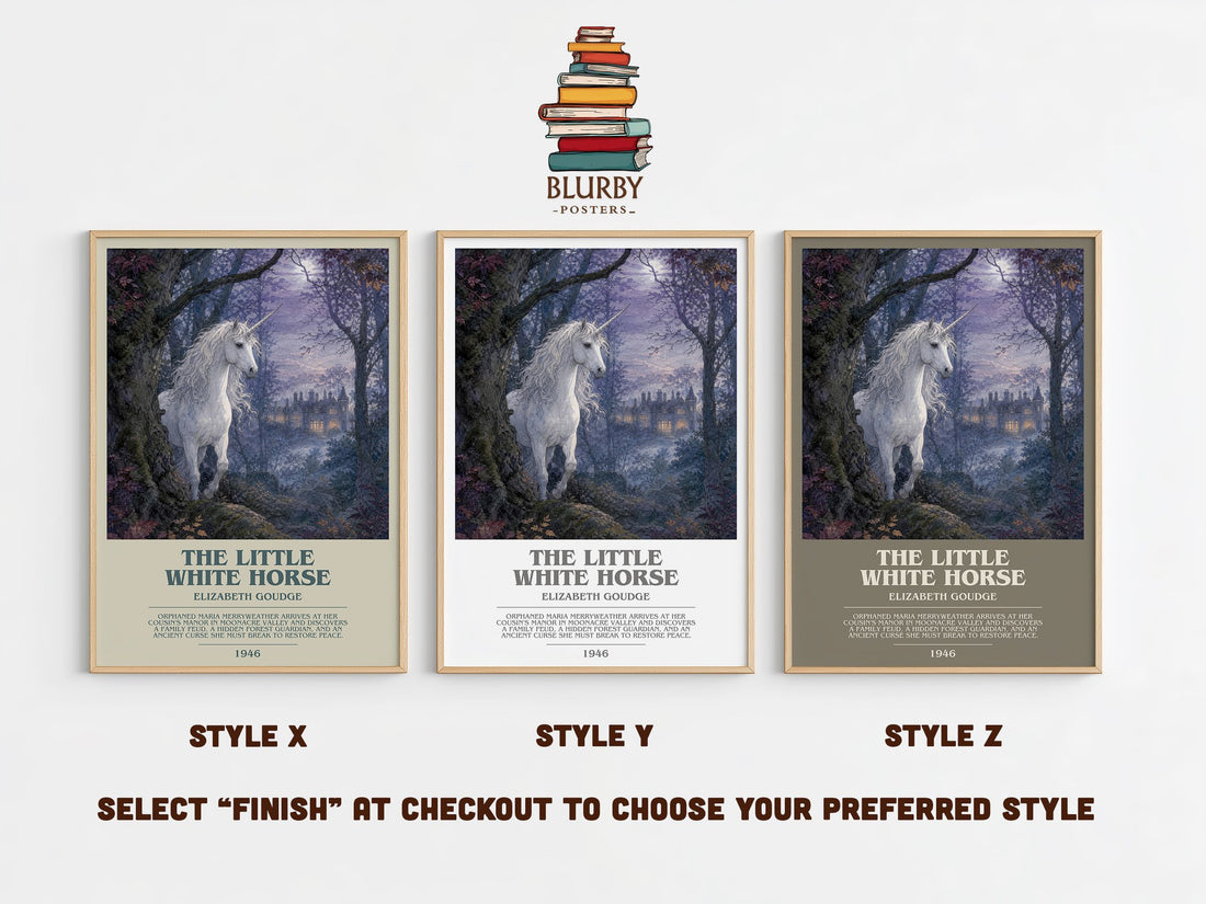 The Little White Horse bookish print in frame leaning in hallway – childrens wall art (mockup)