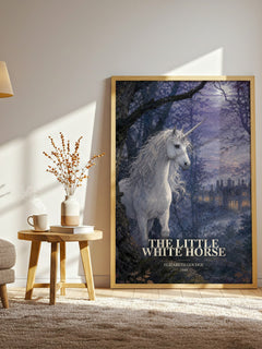 The Little White Horse watercolour print in frame leaning in hallway – childrens wall art