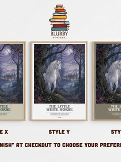 The Little White Horse book cover print in frame leaning in hallway – childrens wall art