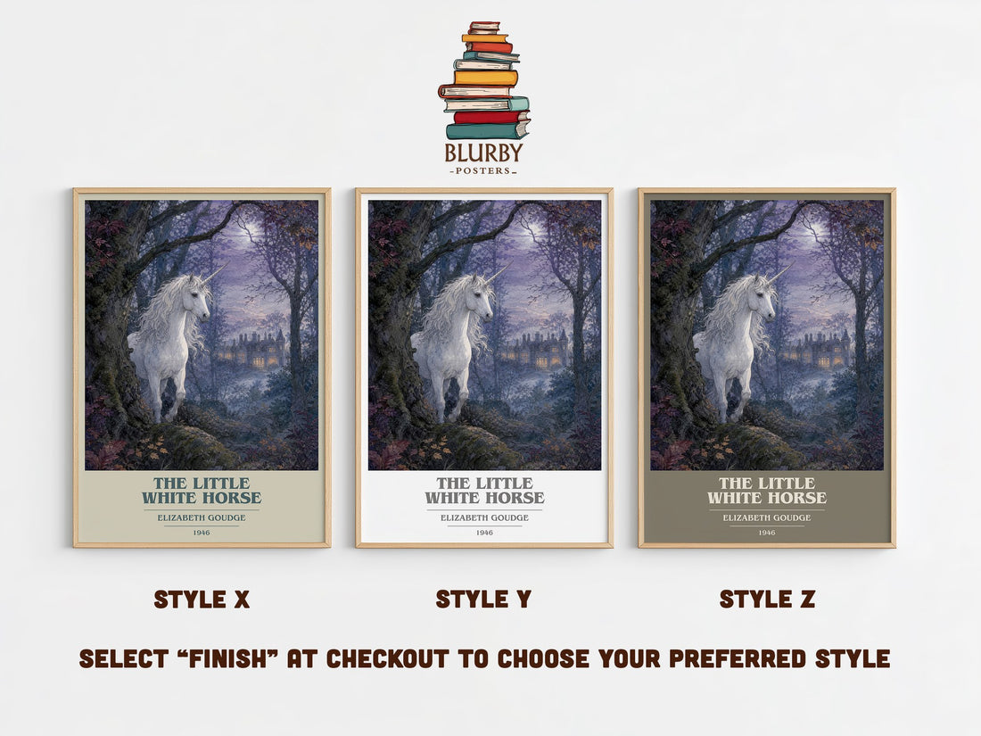 The Little White Horse book cover print in frame leaning in hallway – childrens wall art (mockup)