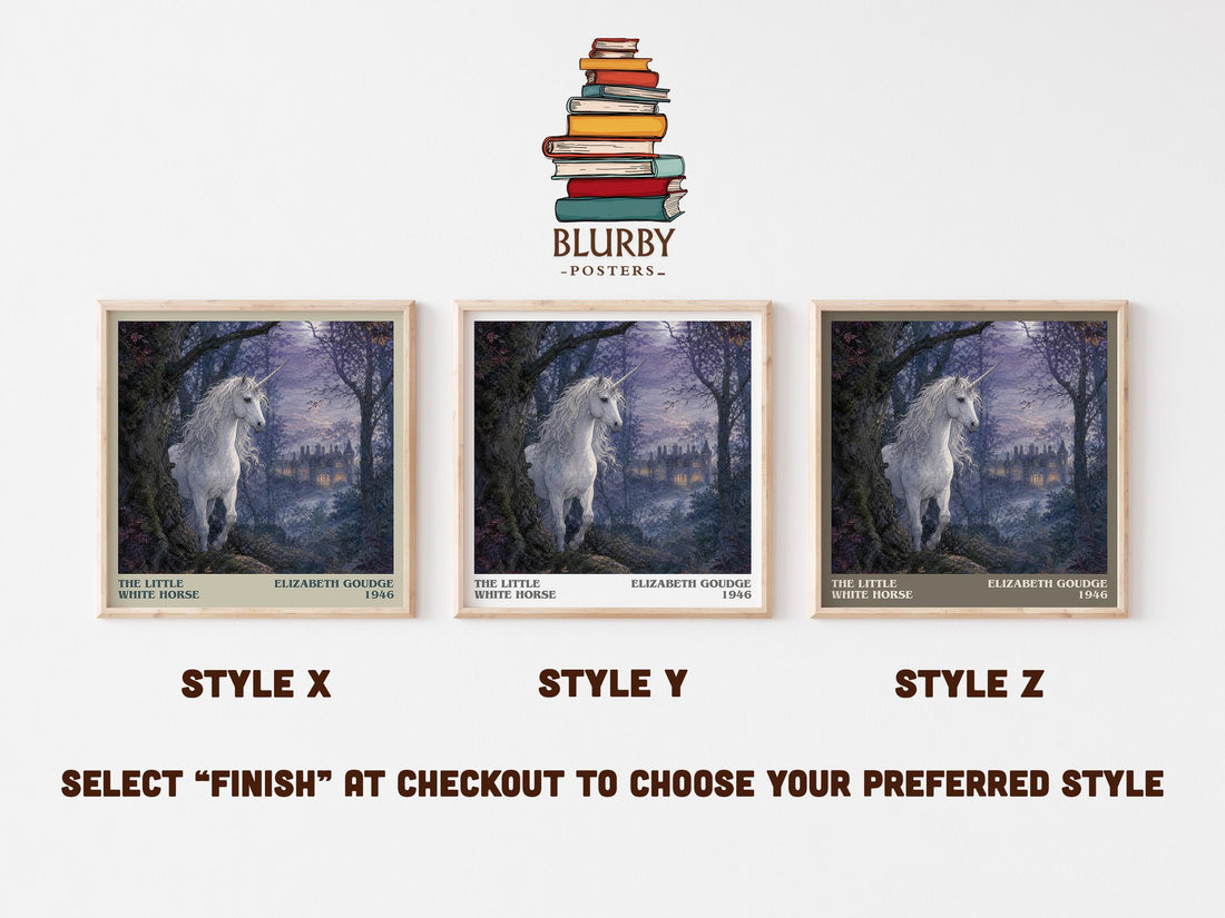The Little White Horse literary print in frame leaning in hallway – childrens wall art (mockup)