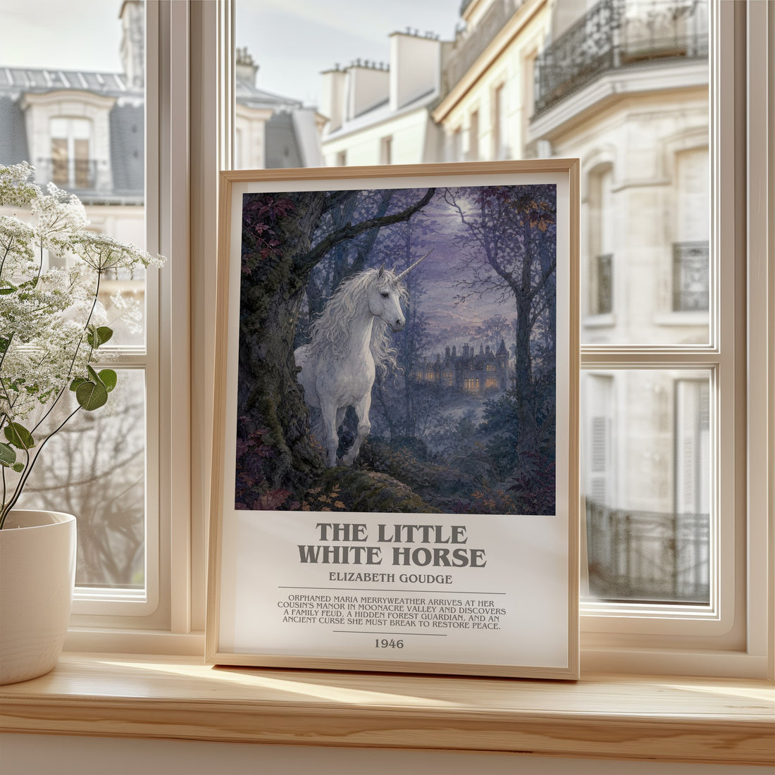 The Little White Horse bookish poster colour and style options – Elizabeth Goudge book art