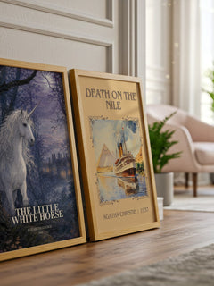 The Little White Horse watercolour print framed by window – literary home decor