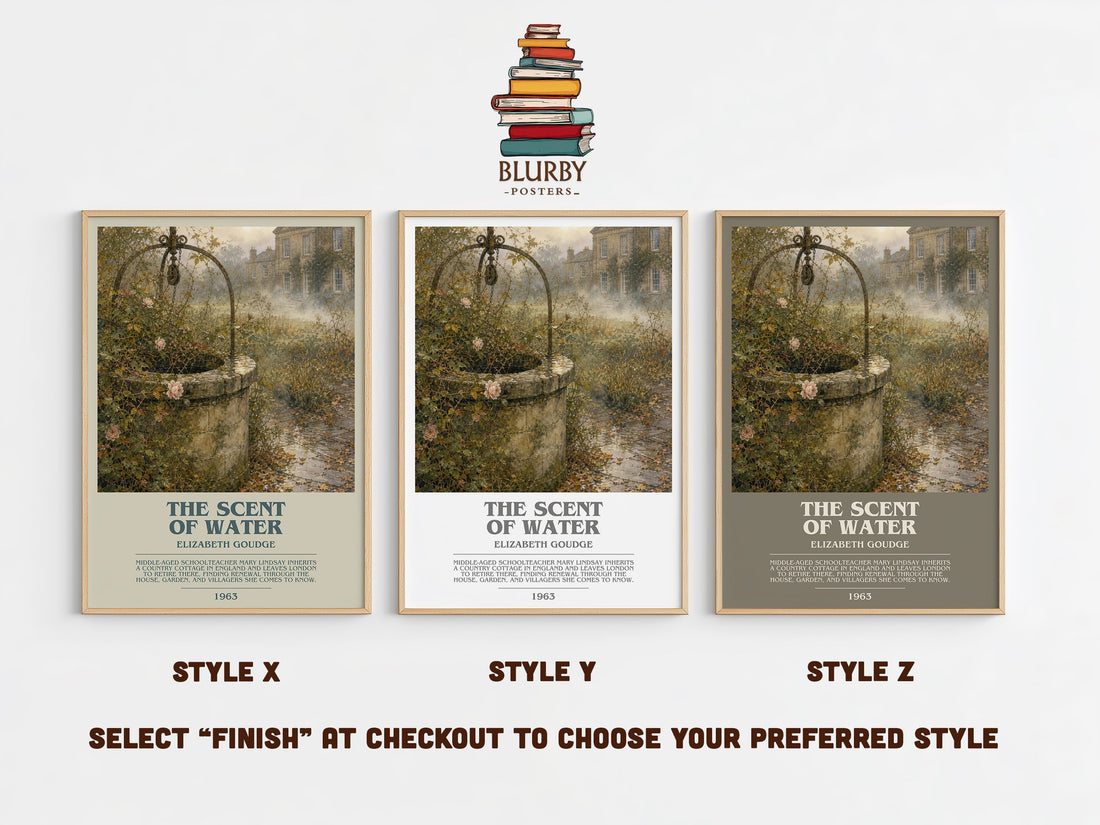 The Scent of Water bookish print in frame leaning in hallway – literary fiction wall art (mockup)