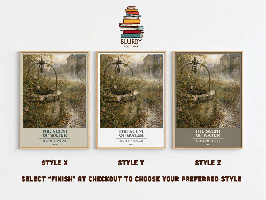 The Scent of Water book cover print in frame leaning in hallway – literary fiction wall art (mockup)