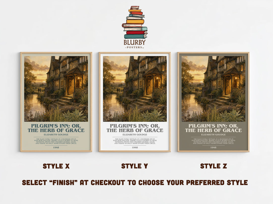 Pilgrim's Inn; or, The Herb of Grace bookish print in frame leaning in hallway – literary fiction wall art (mockup)