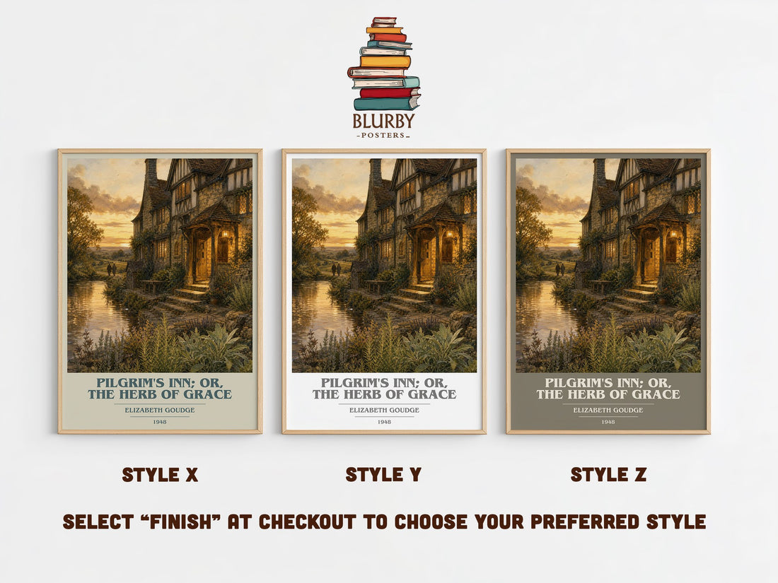 Pilgrim's Inn; or, The Herb of Grace book cover print in frame leaning in hallway – literary fiction wall art (mockup)