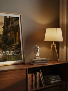 Pilgrim's Inn; or, The Herb of Grace watercolour print on bookshelf – Elizabeth Goudge fan gift