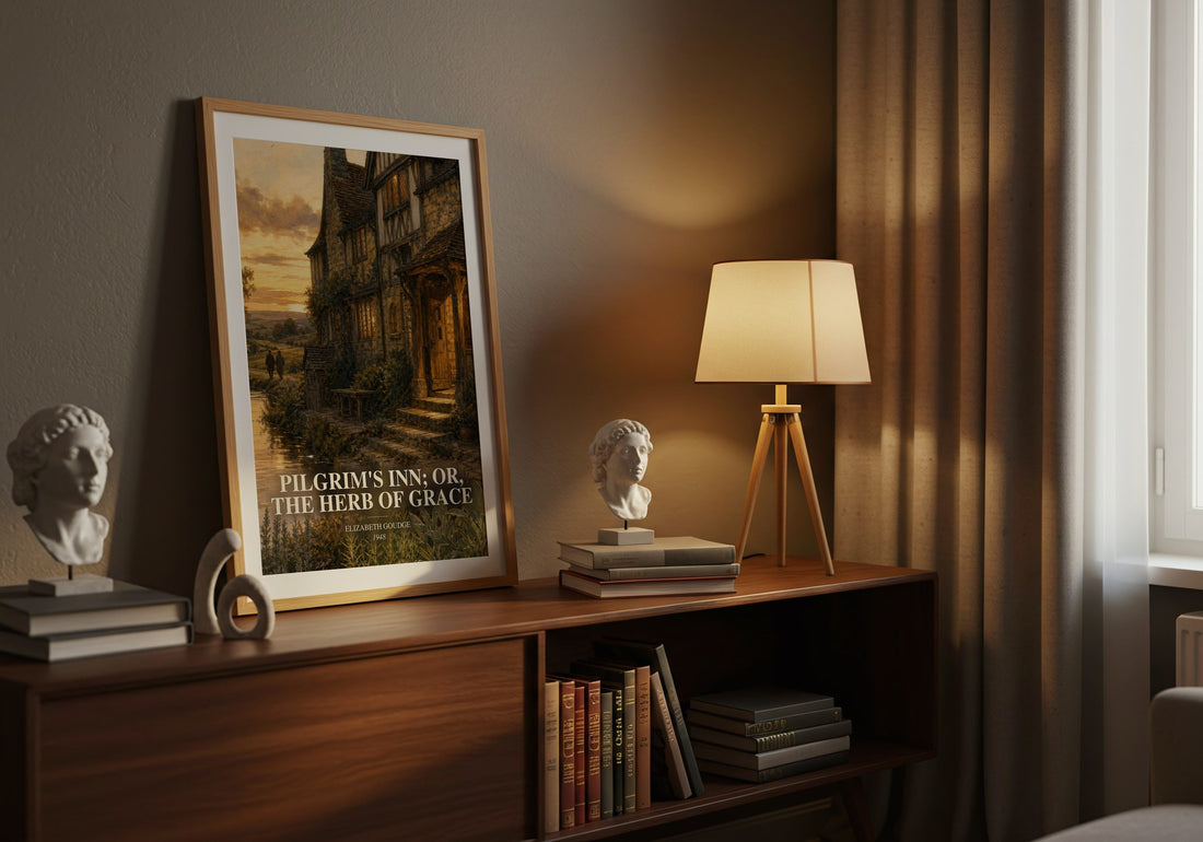 Pilgrim's Inn; or, The Herb of Grace watercolour print on bookshelf – Elizabeth Goudge fan gift