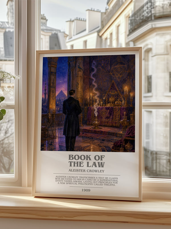 Book of the Law Bookish Wall Art by Aleister Crowley – framed print by a bright window