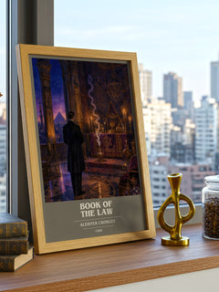 Book of the Law book cover print framed by window – literary home decor