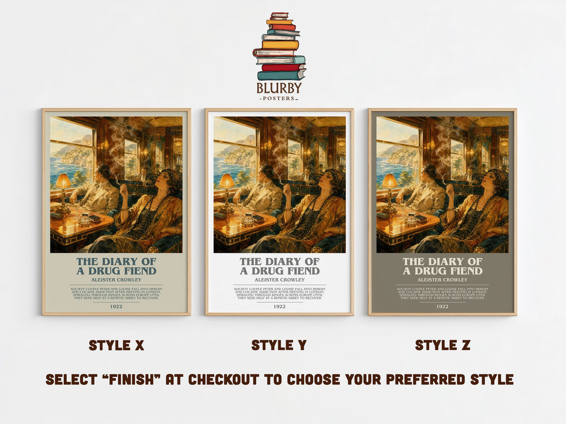 The diary of a drug fiend bookish print in frame leaning in hallway – literary fiction wall art (mockup)