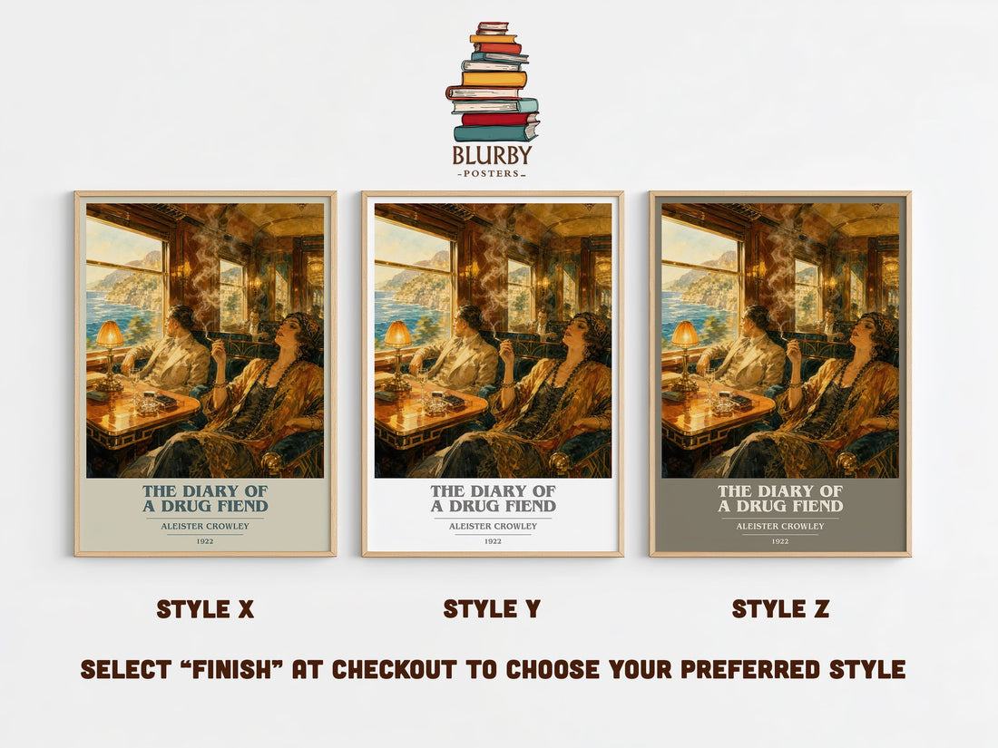 The diary of a drug fiend book cover print in frame leaning in hallway – literary fiction wall art (mockup)
