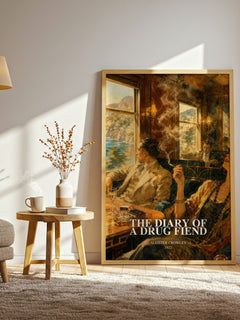 The diary of a drug fiend watercolour print in frame leaning in hallway – literary fiction wall art