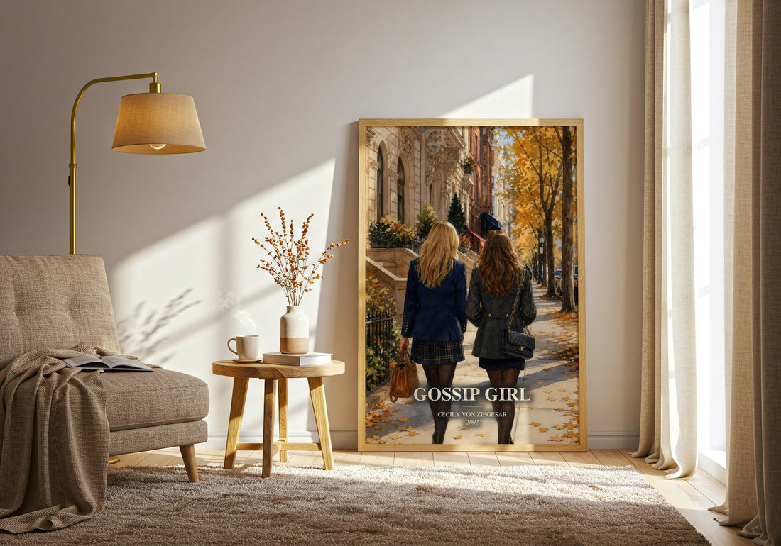 Gossip Girl watercolour print in frame leaning in hallway – young adult wall art