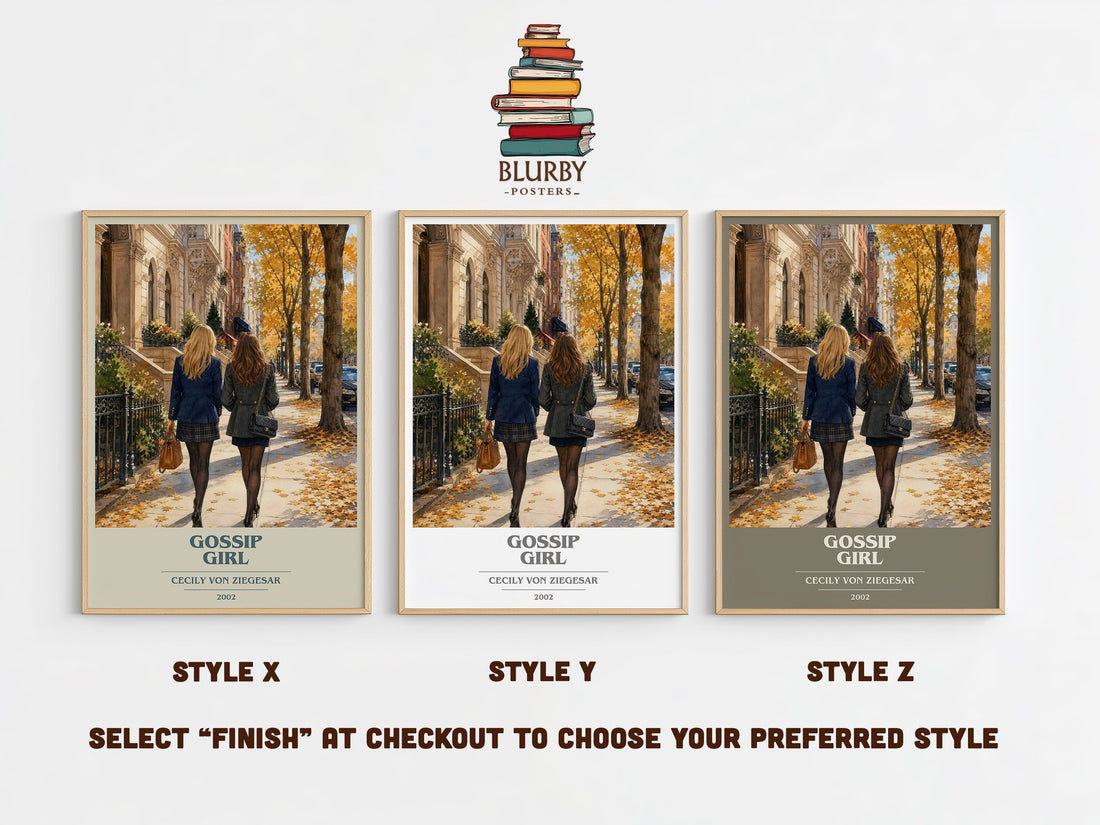 Gossip Girl book cover print in frame leaning in hallway – young adult wall art (mockup)