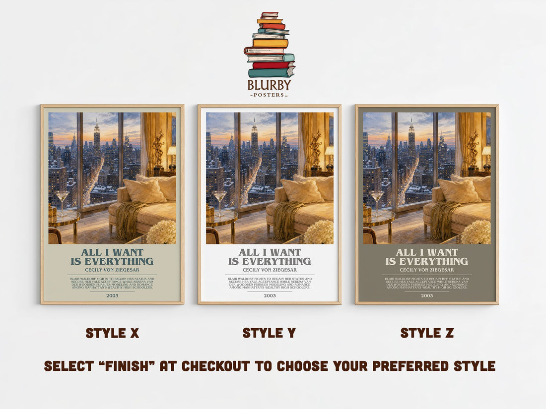 All I Want Is Everything bookish print in frame leaning in hallway – young adult wall art (mockup)