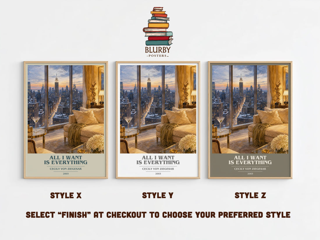 All I Want Is Everything book cover print in frame leaning in hallway – young adult wall art (mockup)