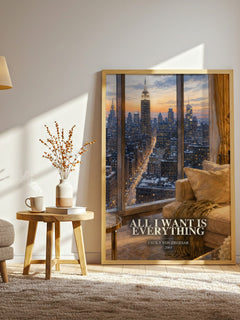 All I Want Is Everything watercolour print in frame leaning in hallway – young adult wall art