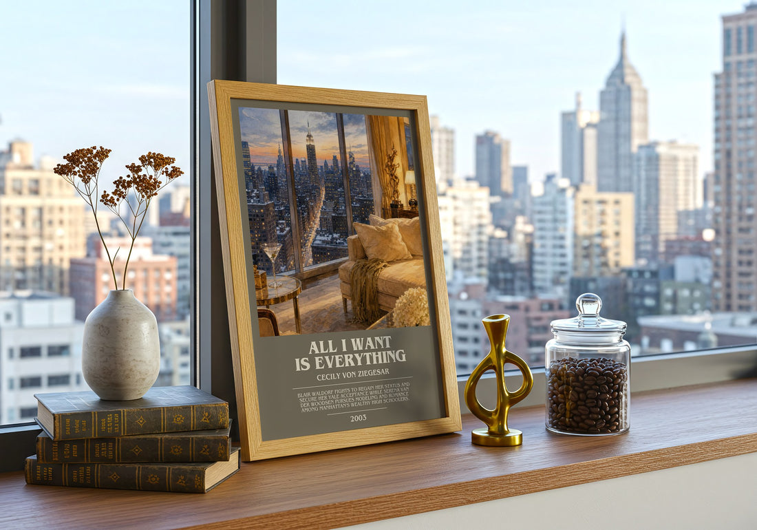 All I Want Is Everything bookish print framed by window – literary home decor