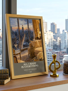 All I Want Is Everything book cover print framed by window – literary home decor
