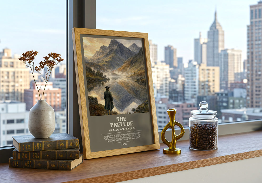 The prelude bookish print framed by window – literary home decor