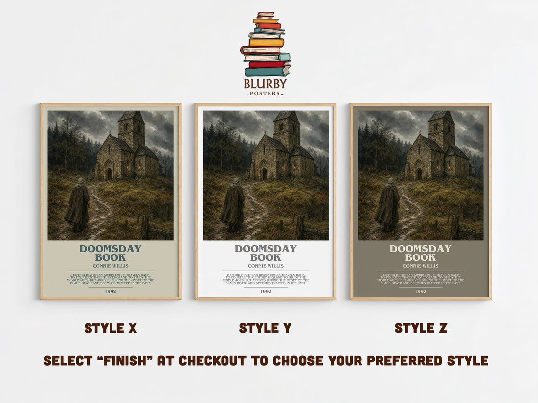 Doomsday book bookish print in frame leaning in hallway – sci fi wall art (mockup)