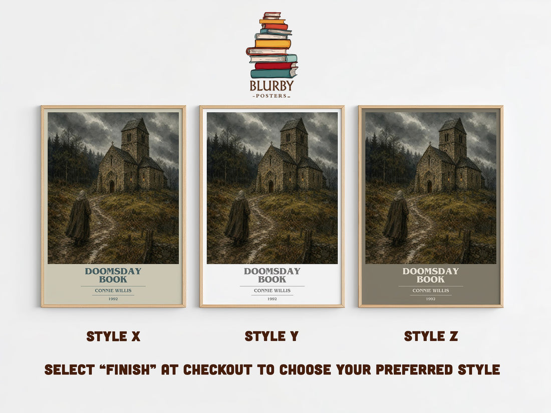 Doomsday book book cover print in frame leaning in hallway – sci fi wall art (mockup)