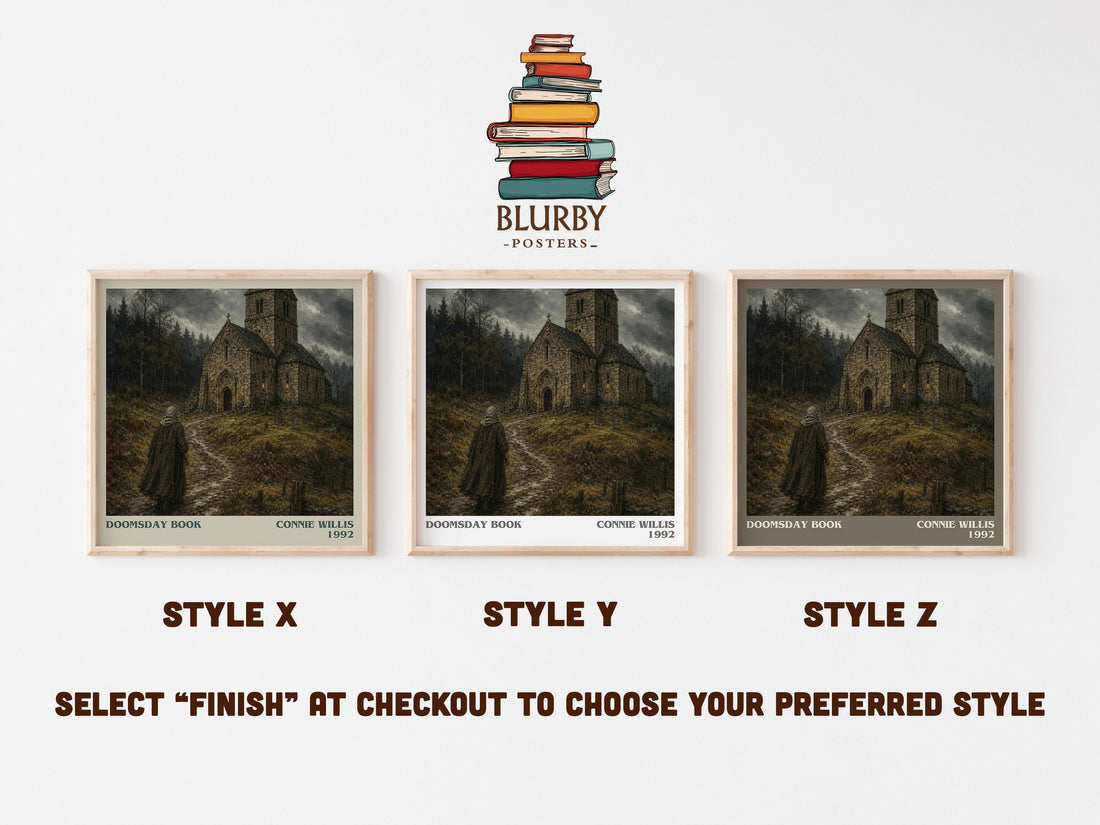 Doomsday book literary print in frame leaning in hallway – sci fi wall art (mockup)