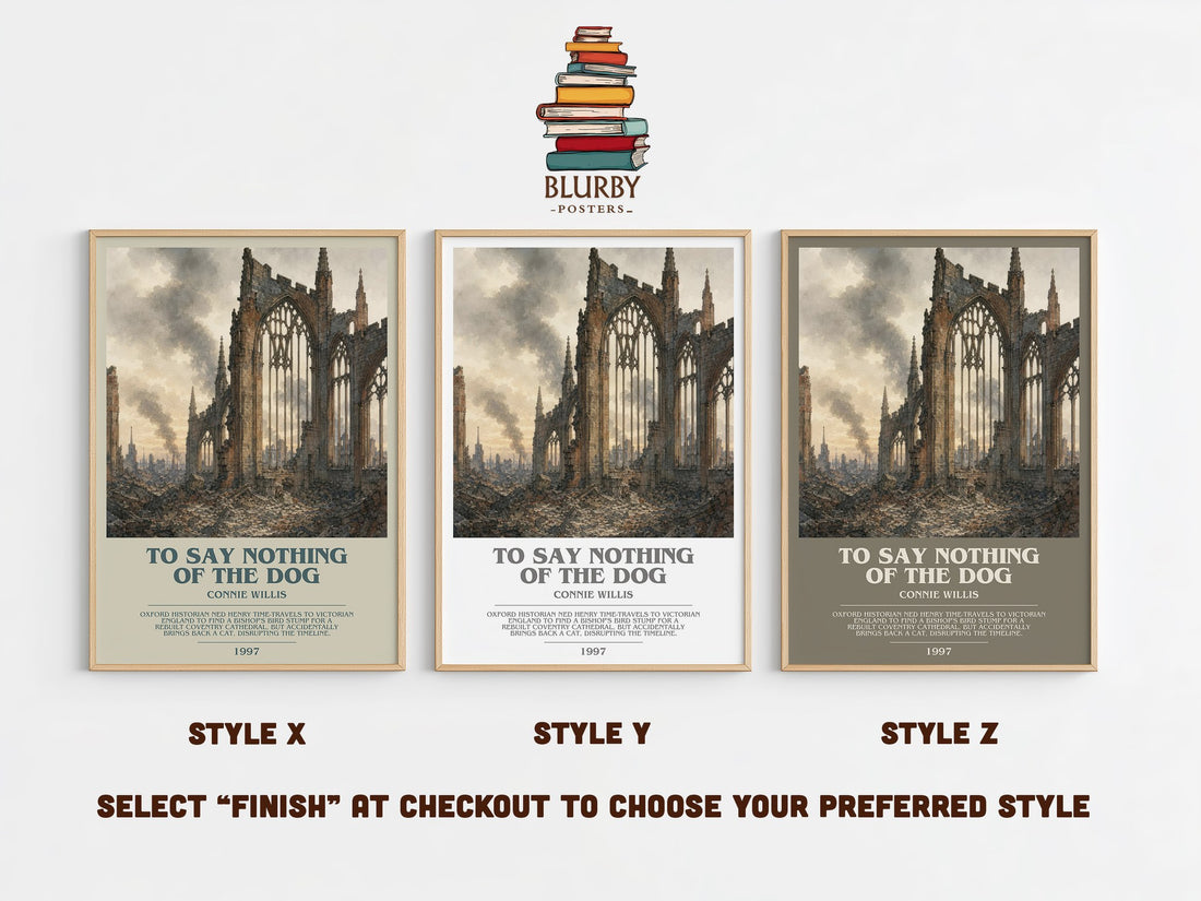 To Say Nothing of the Dog bookish print in frame leaning in hallway – sci fi wall art (mockup)