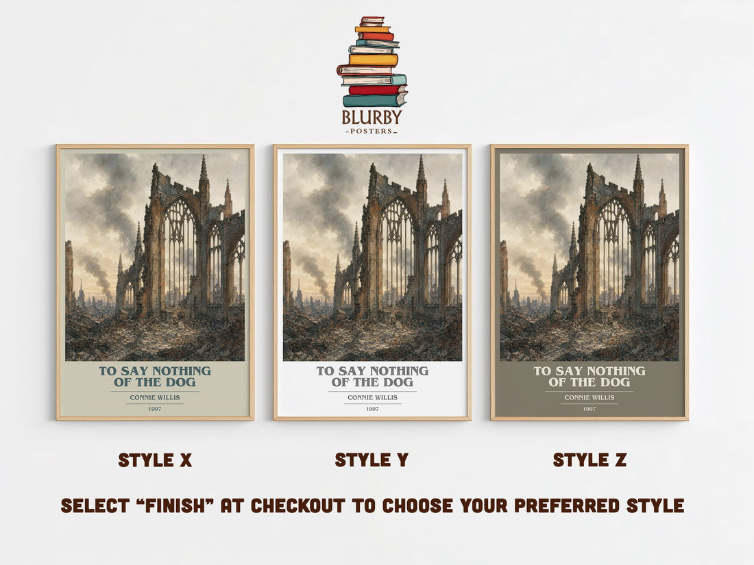 To Say Nothing of the Dog book cover print in frame leaning in hallway – sci fi wall art (mockup)