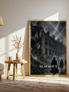 Blackout watercolour print in frame leaning in hallway – sci fi wall art