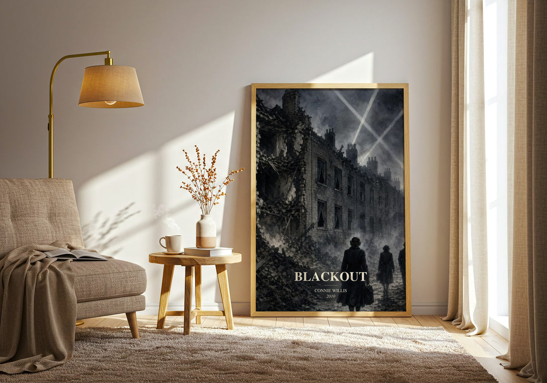 Blackout watercolour print in frame leaning in hallway – sci fi wall art