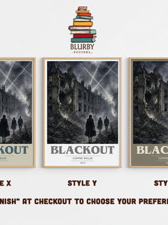 Blackout book cover print in frame leaning in hallway – sci fi wall art