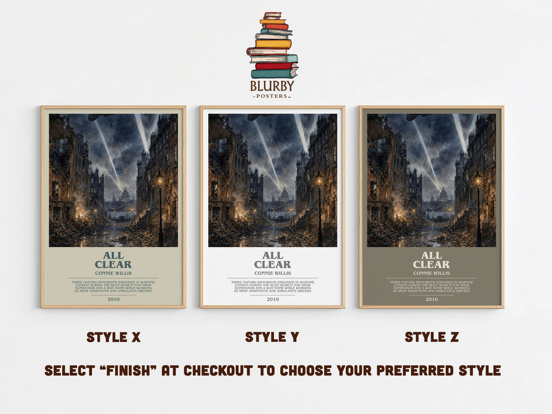 All Clear bookish print in frame leaning in hallway – sci fi wall art (mockup)