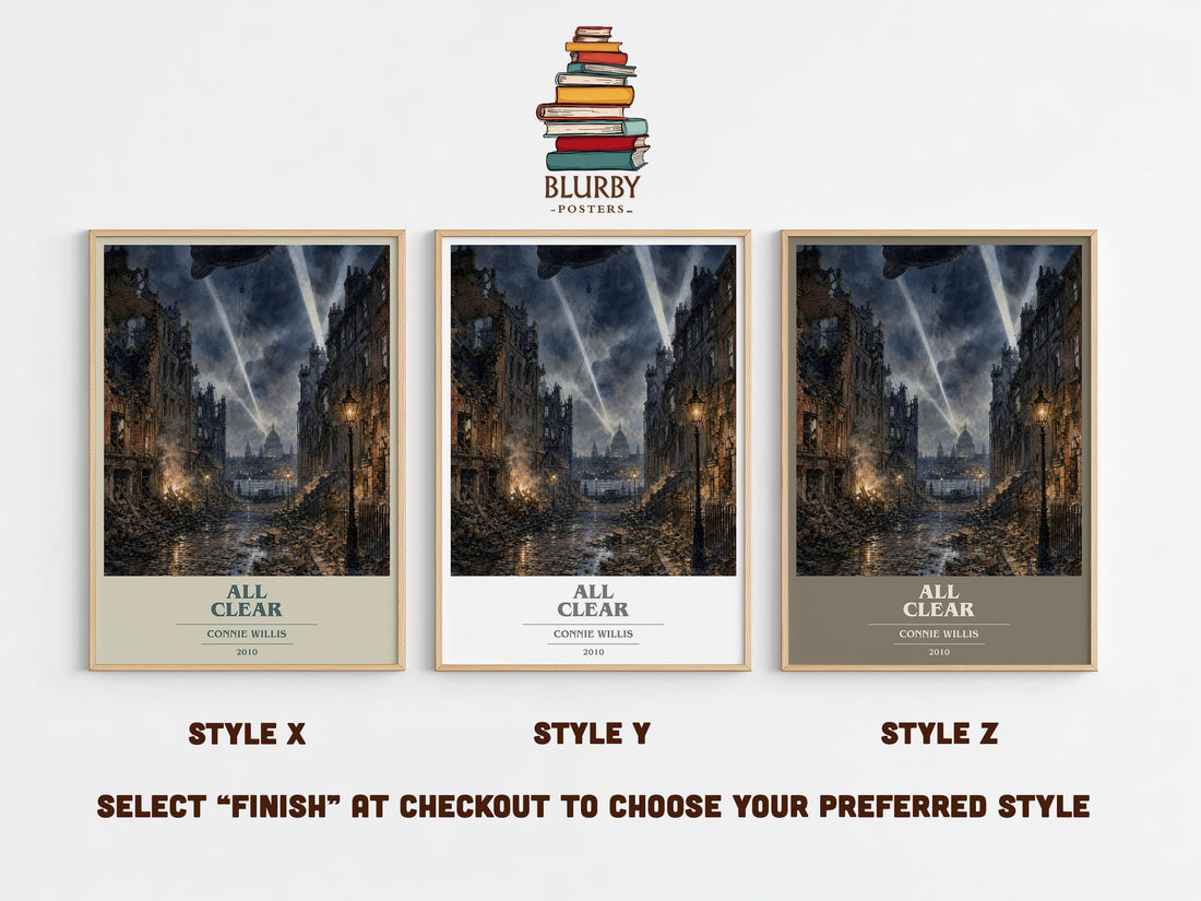 All Clear book cover print in frame leaning in hallway – sci fi wall art (mockup)